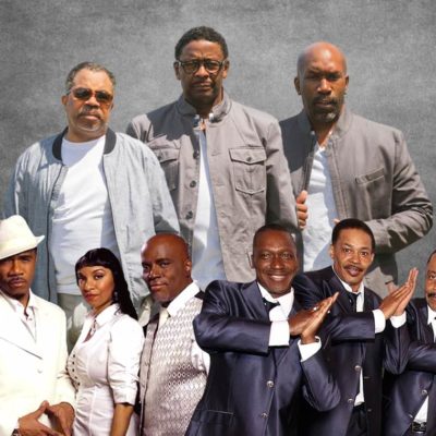 Atlantic Starr, The Dramatics, and The Manhattans posing for concert promotion.